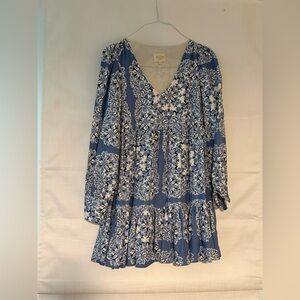 Sezane Blue and White Floral V-Neck Long Sleeve Dress